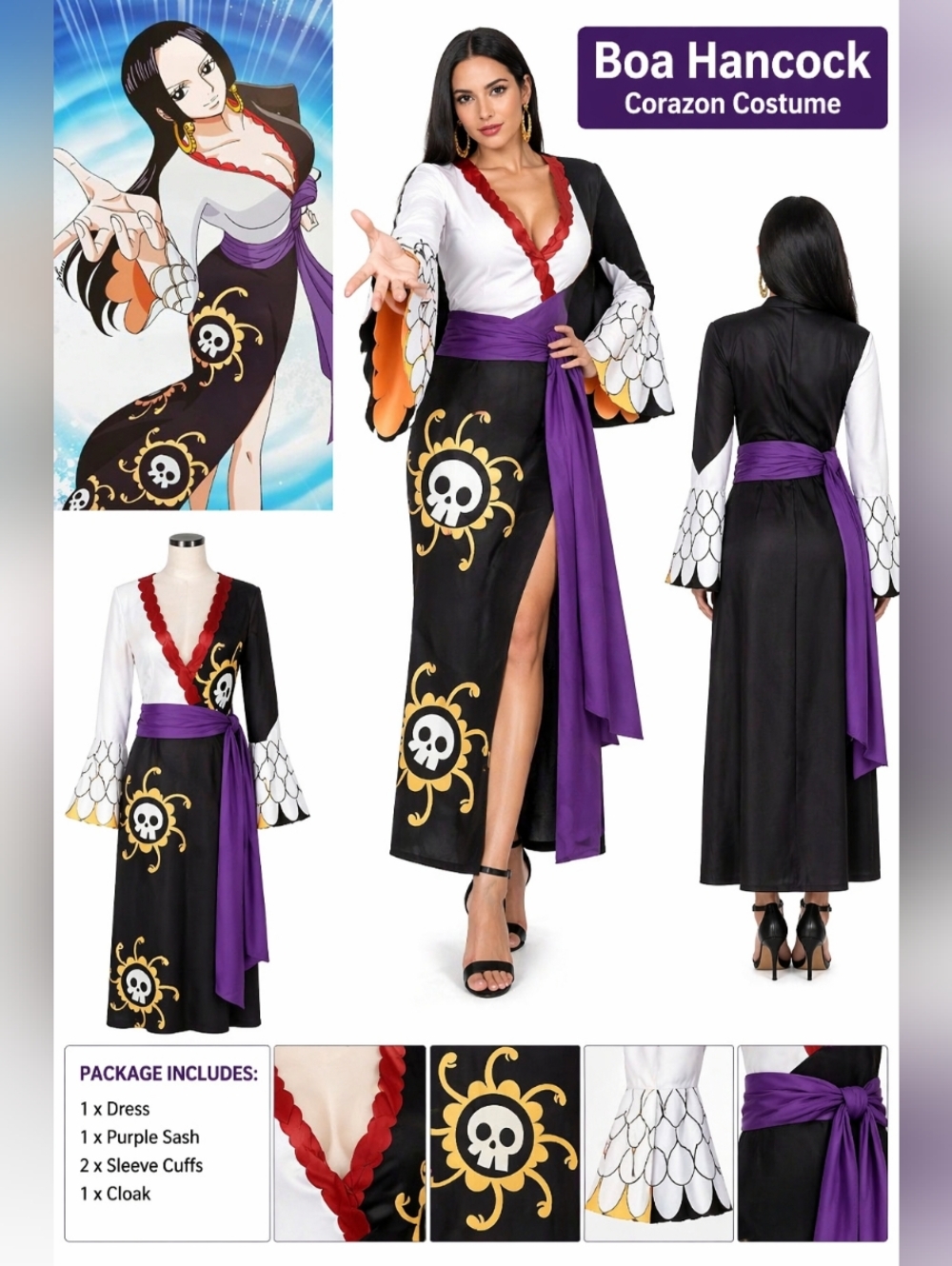 Boa Hancock Inspired Black Skull Print Kimono Dress with Purple Sash